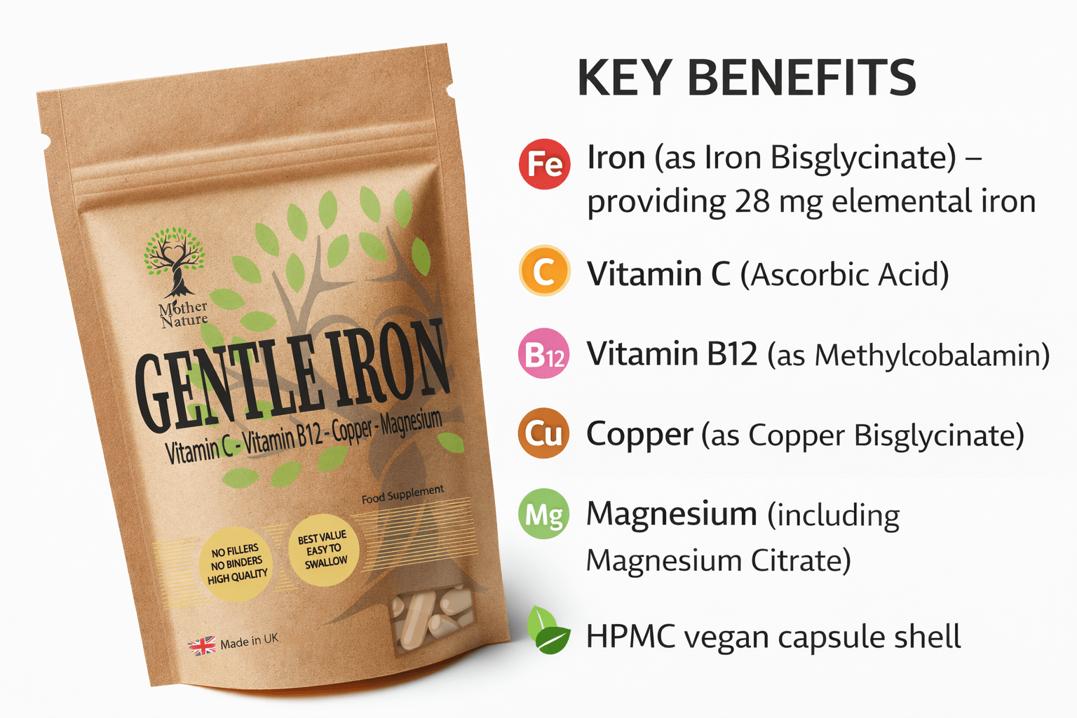 Gentle Iron Bisglycinate 28mg with Vitamin C, B12 & Magnesium – Vegan Capsules | Mother Nature - MOTHER NATURE SUPPLEMENTSGentle Iron Bisglycinate 28mg with Vitamin C, B12 & Magnesium – Vegan Capsules | Mother NatureDiet Supplementss