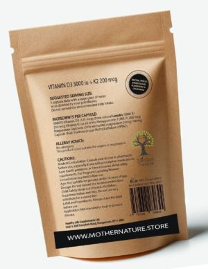Vitamin D3 5000 IU + K2 MK7 200 mcg – Mother Nature - MOTHER NATURE SUPPLEMENTSVitamin D3 5000 IU + K2 MK7 200 mcg – Mother NatureDiet Supplementss
